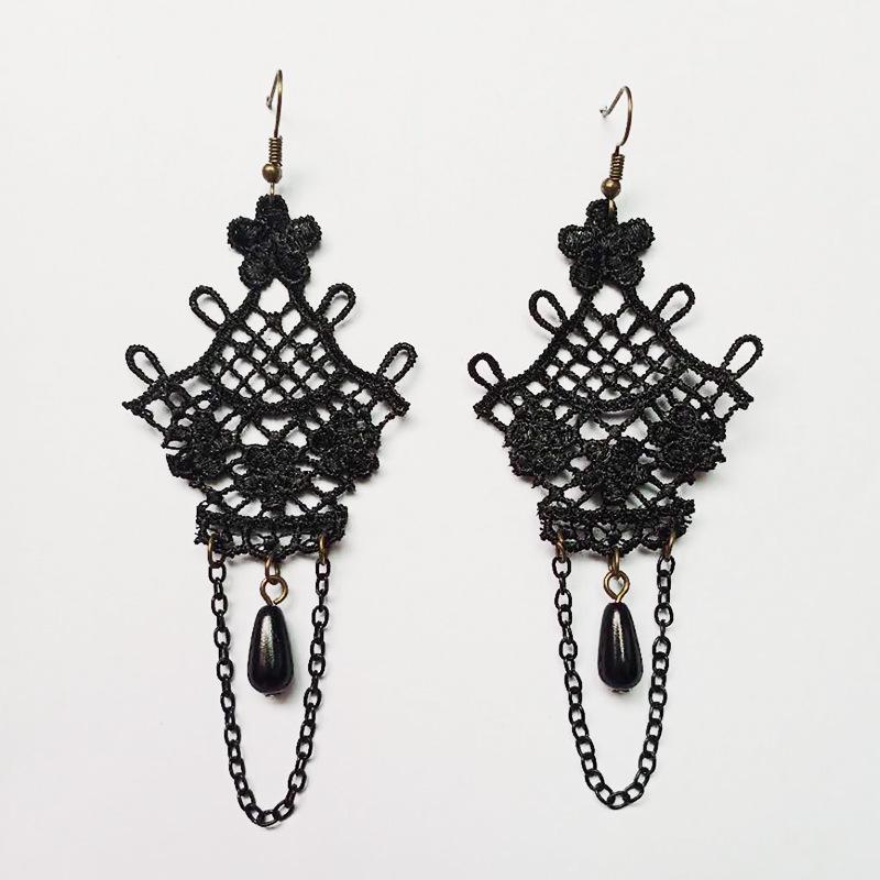 Boucles d'oreilles pendantes Baroques Vintage en Cristal et Dentelle pour Femmes - Noir.