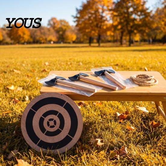 Outdoor Dart Game Ax Throwing Target Kit, with Wood Disc, 3 Axes, Rope, for Indoor Backyard Family Party