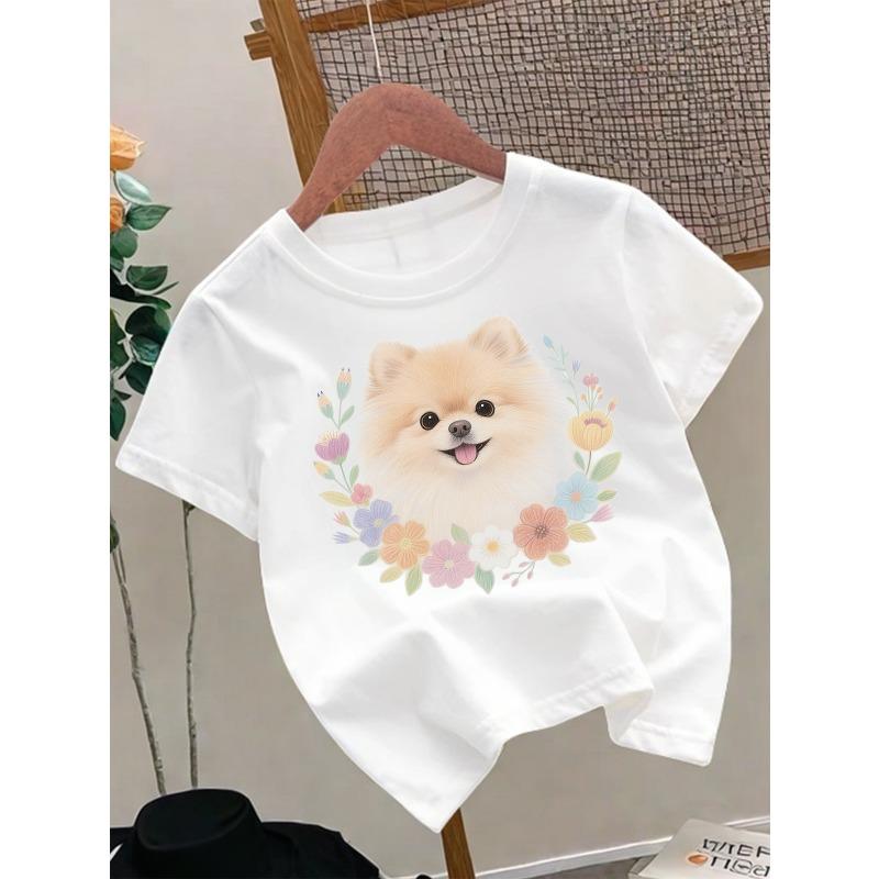 European sizes Girls Round Neck T-Shirt Casual Fashion Cartoon Dog Print Top 110 белый