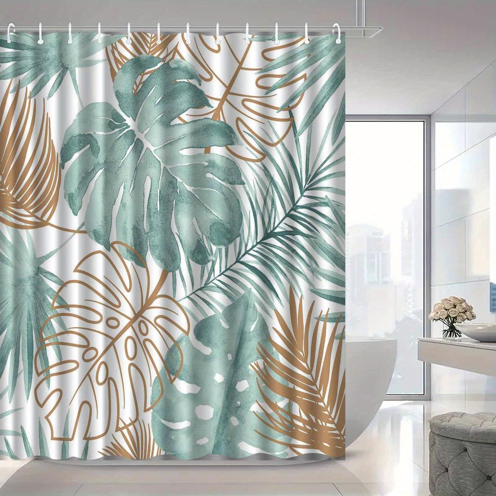 

Tropical Leaf Pattern Waterproof Bathroom Drape, Elegant Bath Decor With Hooks, Water-Resistant Artistic Accents W60H190(CM)-1 Pcs