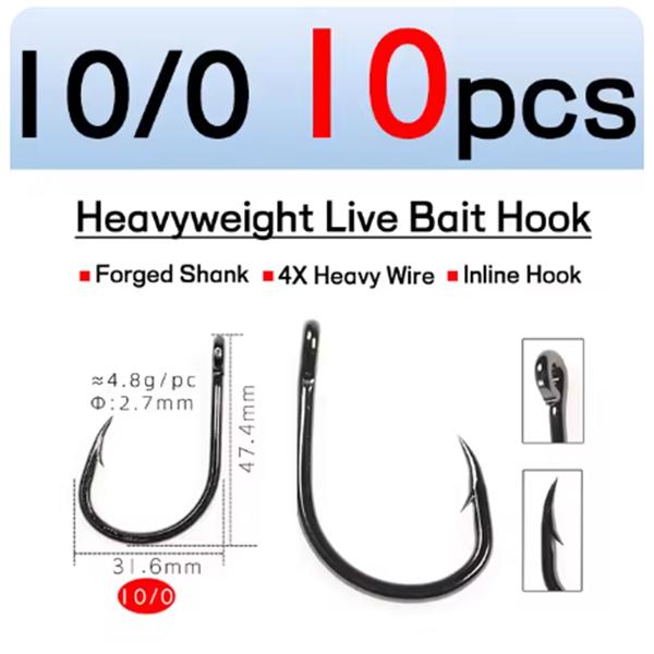 10PCS/Bag 4X Strong Live Bait Hook 3/0 - 11/0 Heavy Duty Saltwater Single Jig Fishhook for Deep Sea Boat Fishing