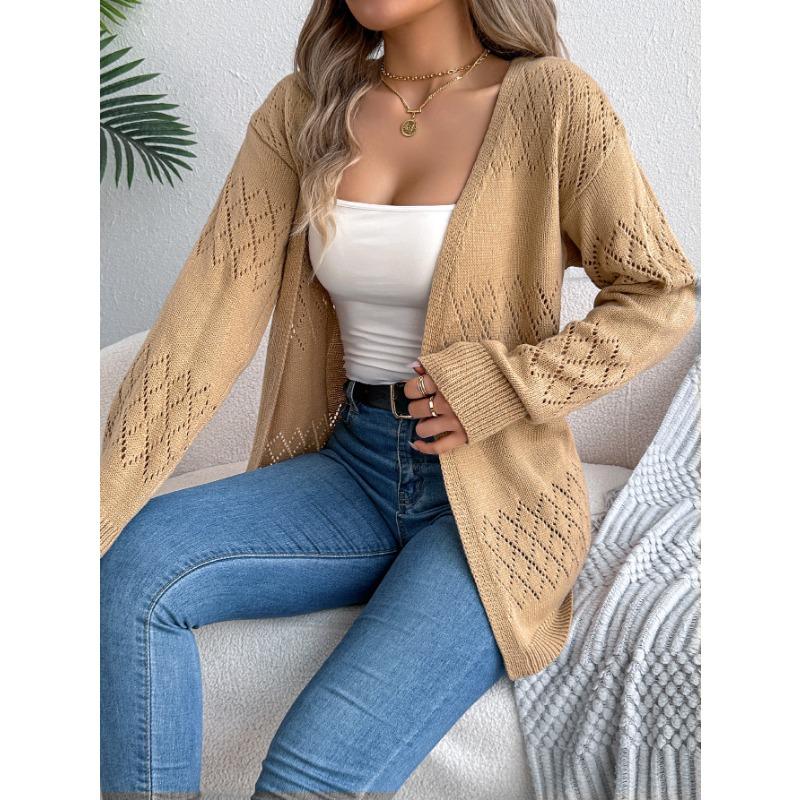 

Autumn and Winter Casual Solid-color Hollowed-out Lantern Long-sleeved Cardigan Sweater Mid-length Coat S