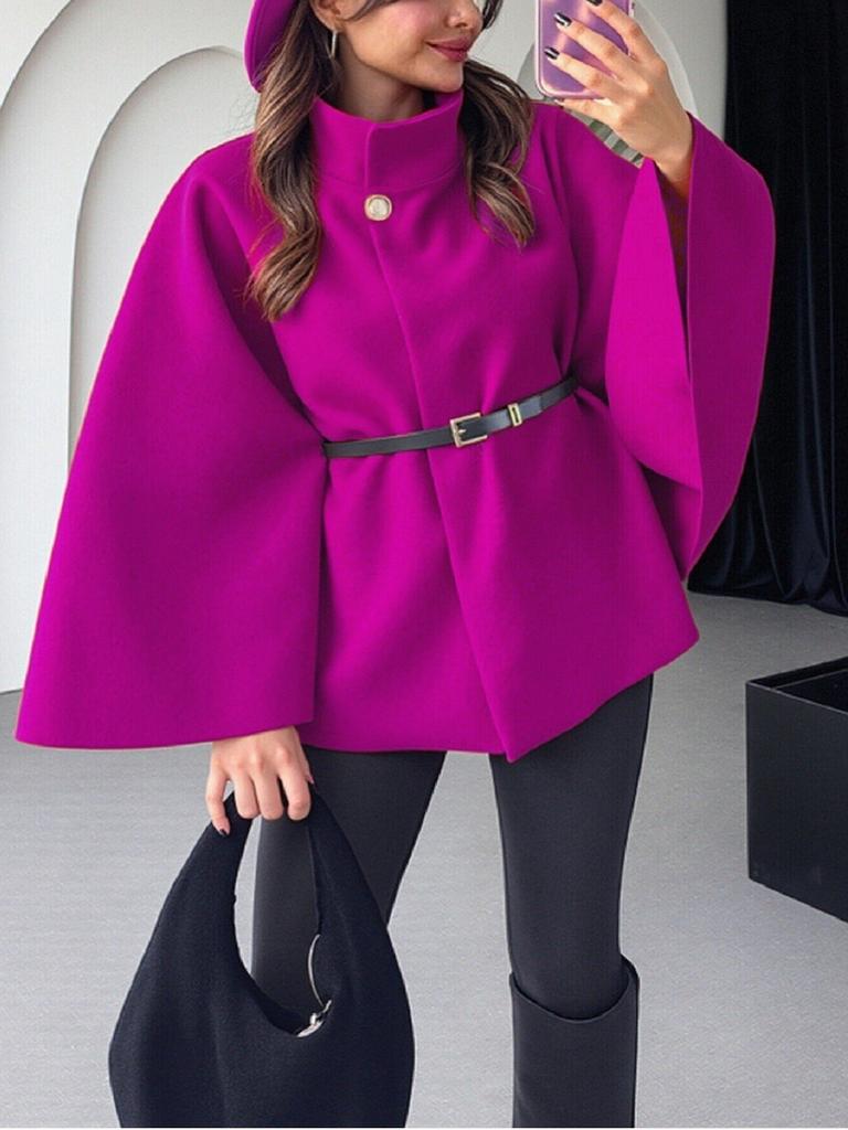 Moda Invernale Donna Stile Elegante Colore Puro Cintura con Cintura Cappotto Mantella in Lana