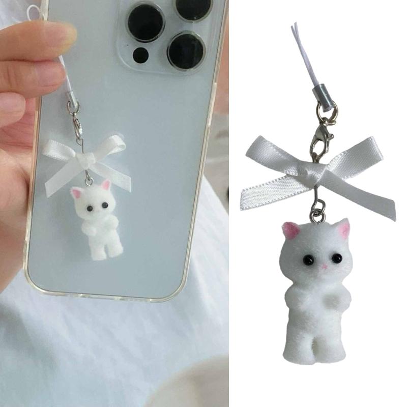 Flocking Cat Pendant Keychain Bows Shaped Key Chain Bowknot Keyring Jewelry Camera Bag Decorations Handmade Gift