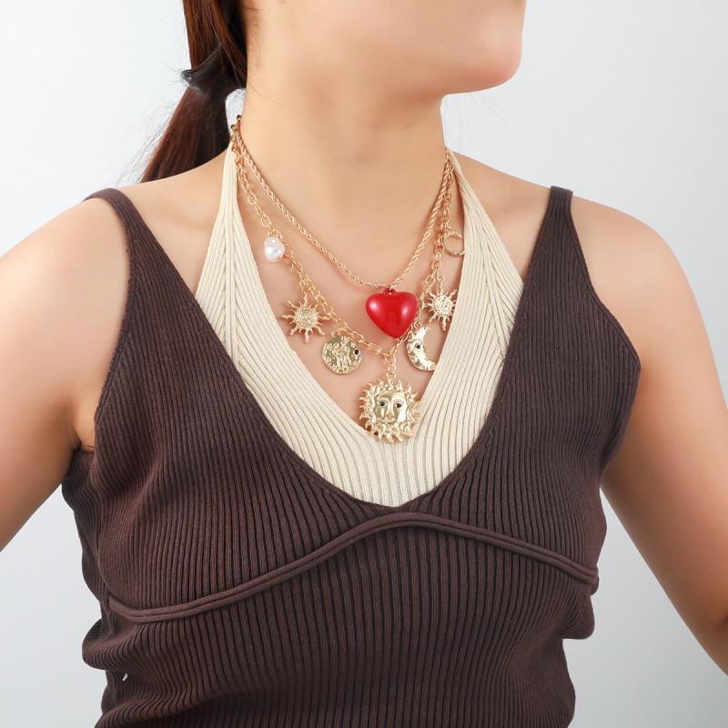 Gold Tone Alloy Pendant Necklace Set With Sun Moon Heart Charms Imitation Pearl Layered Cross Chain Women Beach Style