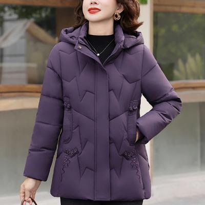 Übergröße Mittleren Alters Damen Wintermäntel Kapuzen Elegant Dick Warm Stickerei Parkas Damenjacken
