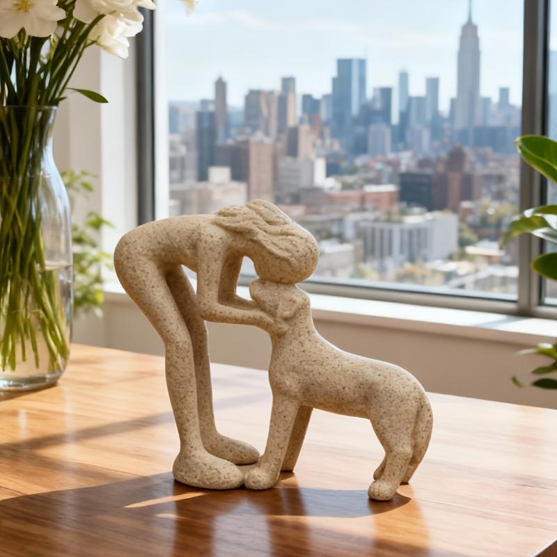 A Woman Kissing a Small Dog Resin Figurine a Warm Pet Interaction Scene Sculpture Sandstone Resin Ornament