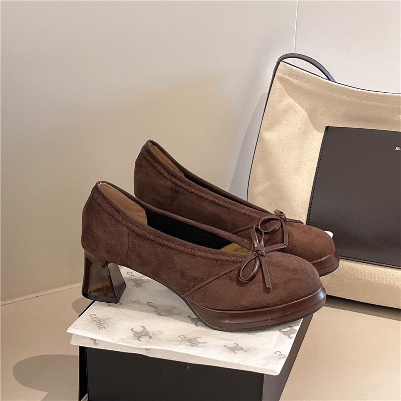 Fashion 2025 New Roundness High Heels with Suede and Bow Single Shoes with A Slip-on Light Casual Women Shoes Stylish and Comfortable