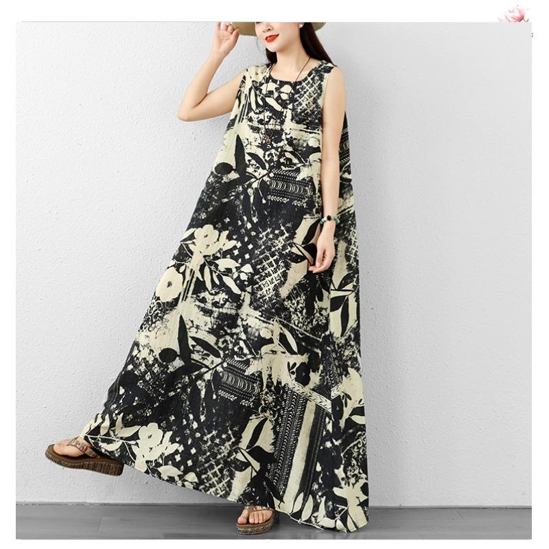 DIMANAF 2026 Women Plus Size Summer Beach Lady Long Dress Vest Sleeveless Vintage Loose Oversize Maxi Print Sundress Clothing