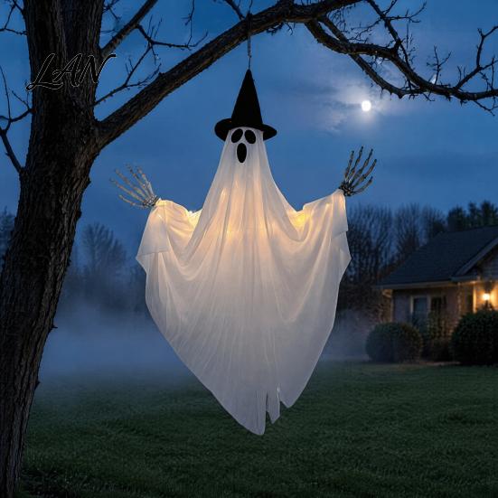 Leuchtende Geisterdekoration Halloween Hängend mit Hexenhut, Leuchtende Gruselige Spukhaus Requisiten Außen Dekoration für Veranda Baum, Szene Ornament
