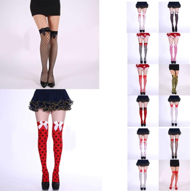Sweet Bowknot Accent Thigh High Long Socks for Women Halloween Cosplay Parties Fishnet Striped Thigh High Stockings