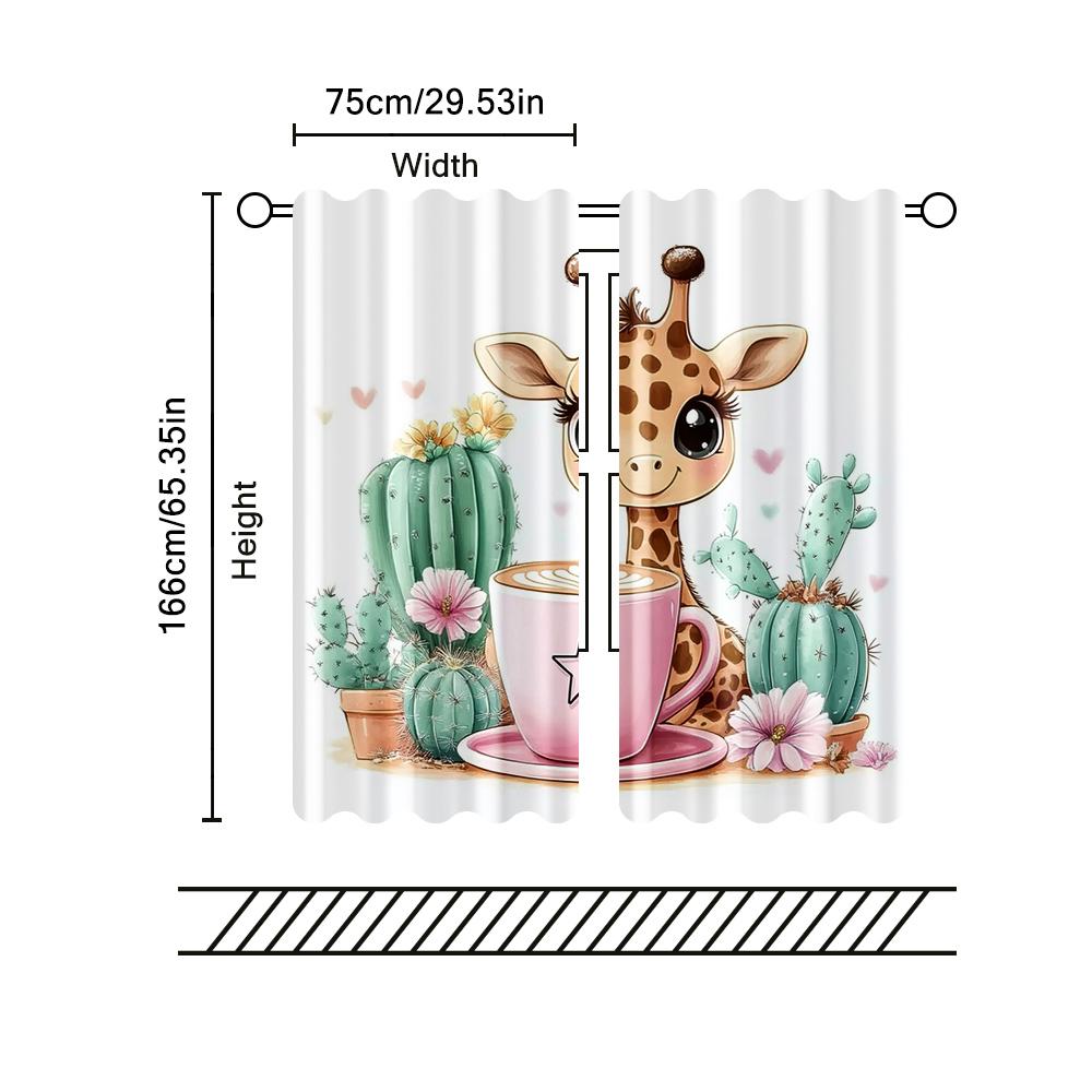 Filtering Curtains Excluding Rods Non Movable Without Batteries Cute Cartoon Giraffe Coffee Design Use Curtain Set Of 2 Made Polyester Washable