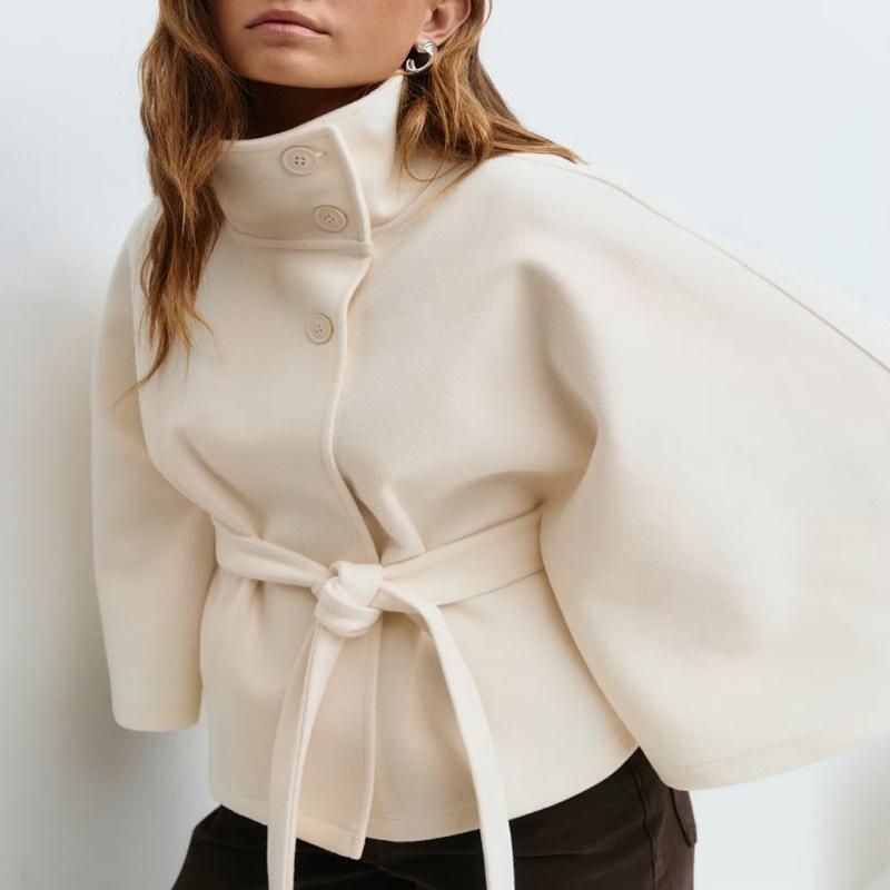 Fashionable Pure Color Women's Autumn Winter Coat Stand Collar Button Belted Cloak Elegant Commute Style Long Sleeve Polyester