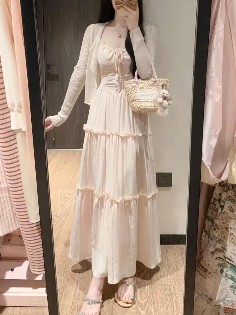 Pink French Lace Patchwork Camisole Dress - Gentle Summer Vacation Style Fairy Long Dress