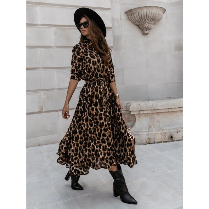 Women's Leopard Print Dress Spring Long Sleeve Lapel Lace-up Button Up Loose Casual Sexy Dress Women Summer Elegant A Line Office Ladies Long Dresses