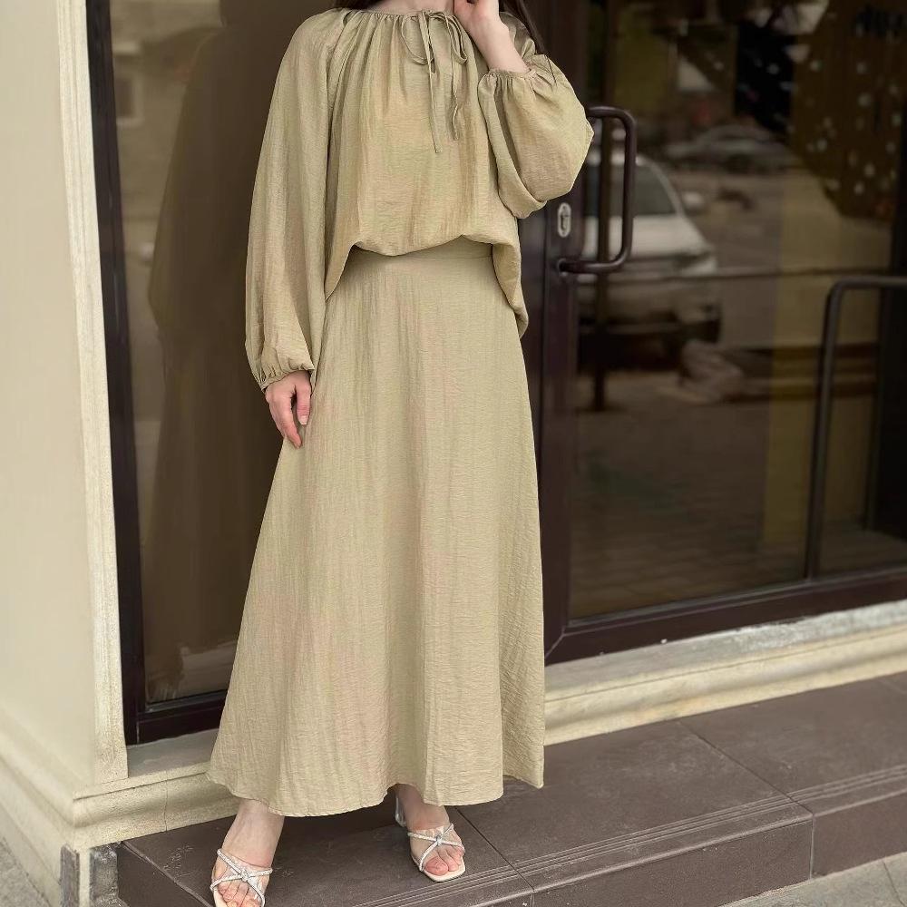 Women's 2025 Spring Muslim Style Puff Sleeve Top & Swing Skirt Set