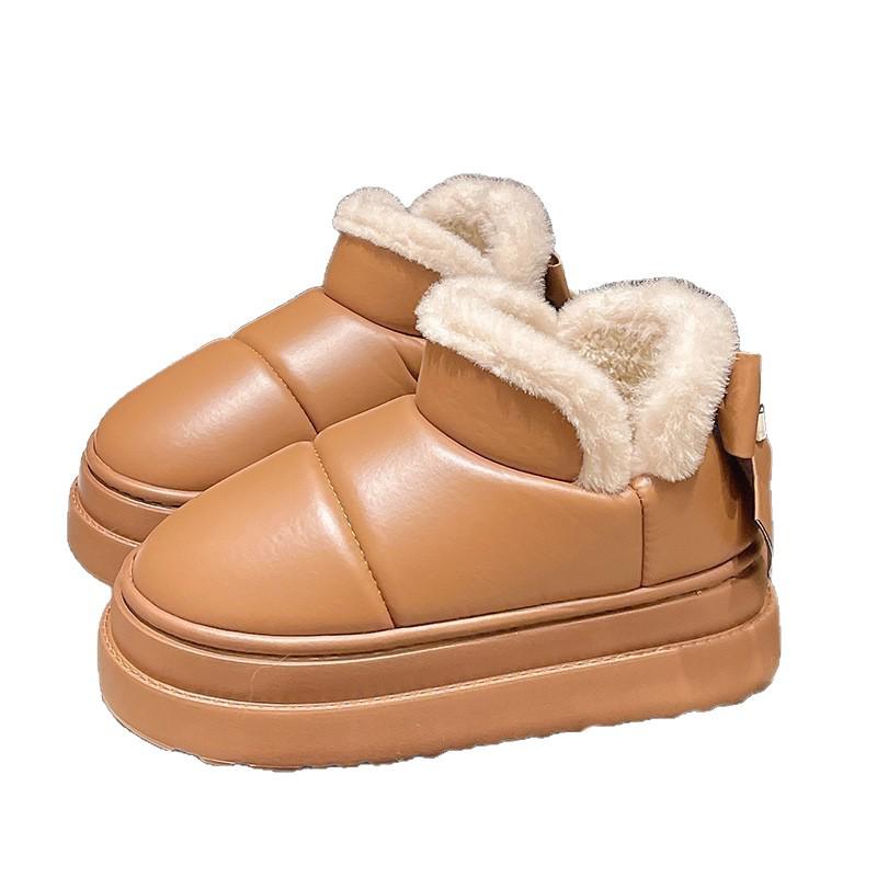 Women's Waterproof PU Leather Slippers: Thick Sole, Warm Velvet, Non-slip Bow Design for Outdoor Use