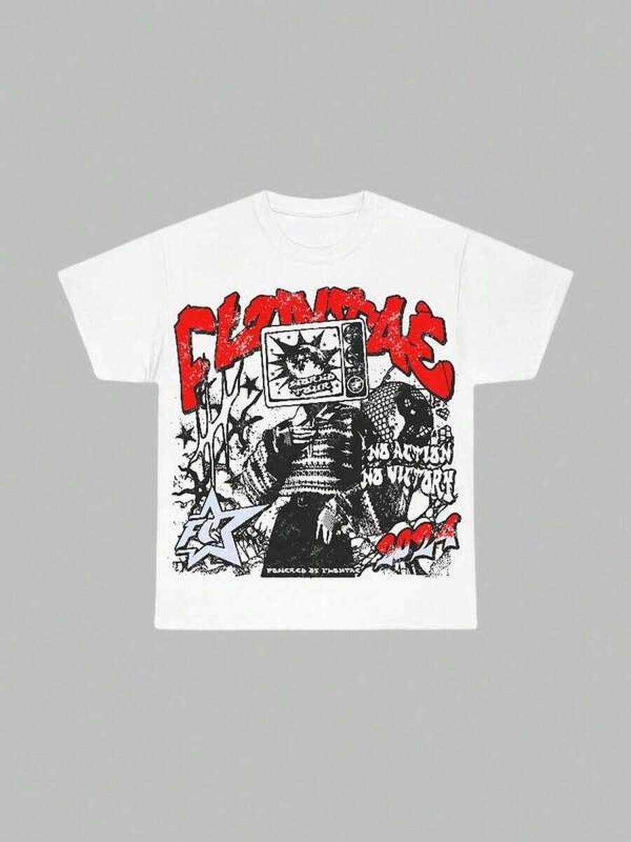 

T Shirt Print ,Graphic-Cotton Tees Size Plus, Cartoon Round Neck Short Sleeve,Red TV Head 2024 Slogan S разноцветный