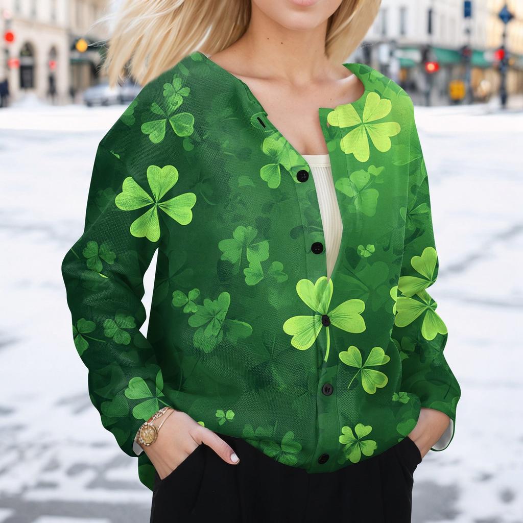 Women's Stylish St. Patrick Print Long Sleeve  Fleece Cardigan Button Jacket