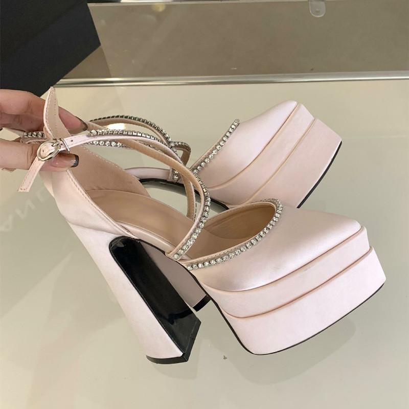 Mode Frühling Herbst Mode Satin Mary Janes Damen Pumps Elegant Spitz Zehen Plateau Keilabsätze 15cm Hohe Absätze Party Abschlussball Klobige Schuhe