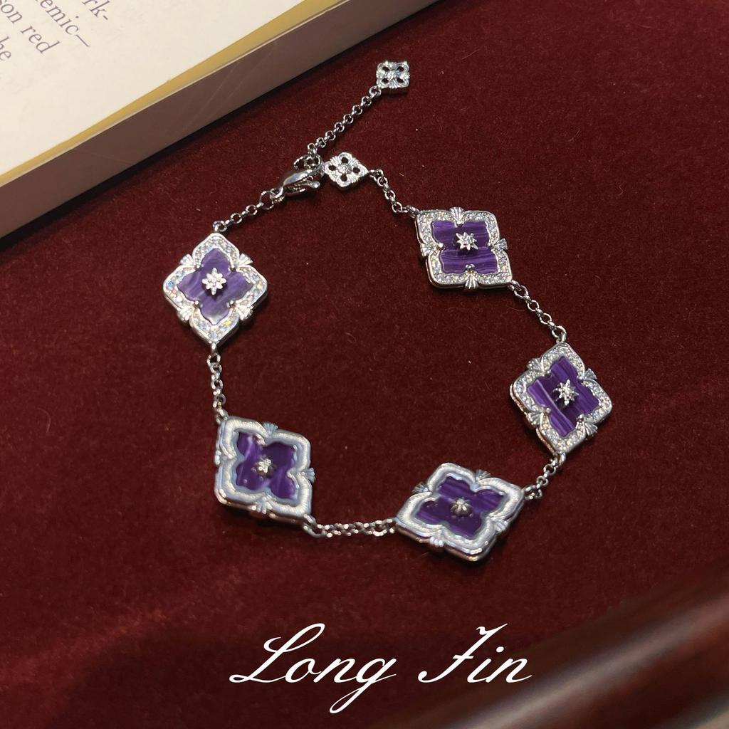 French Retro Four-Leaf Clover Window Grilles, Purple Dragon Crystal Jewelry Set, Necklace, Bracelet, Earrings, And A Ring.