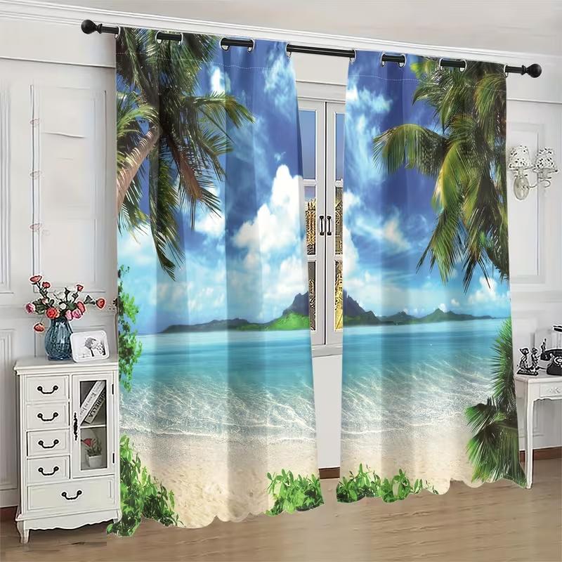 2 Pcs By the Seaside Print Curtains,suitable for Bedroom,living Room Kitchen Decoration,home Decoration,window Decoration