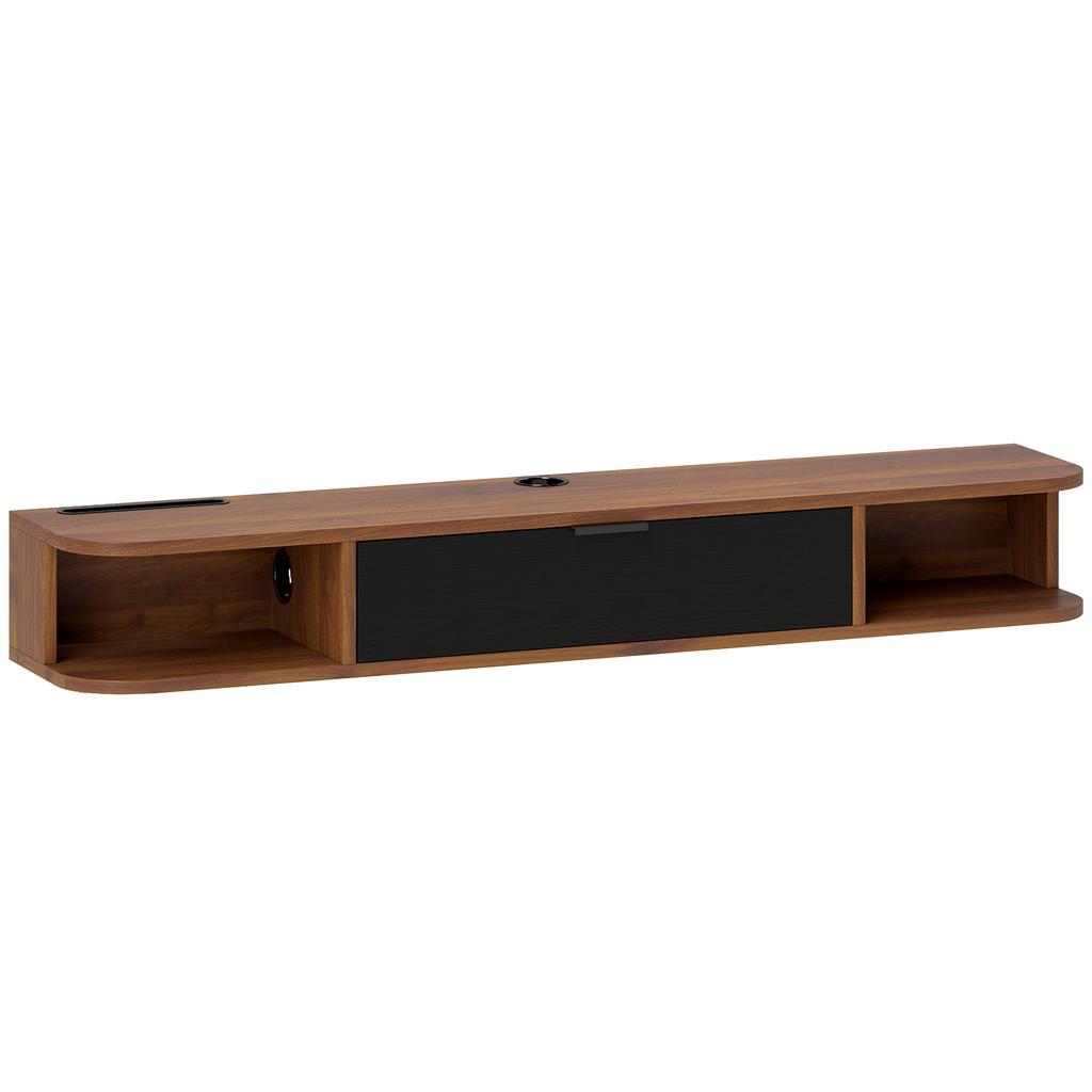 TV Cabinet Up To 50" Wall-Mounted with Drawer, 2 Open Shelves and Cable Hole, 120x24x16 Cm, Walnut