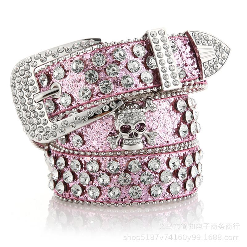 Women's Rhinestone Skull Leather Belt - European & American Style, Extended Waist for Denim & Outdoor Wear