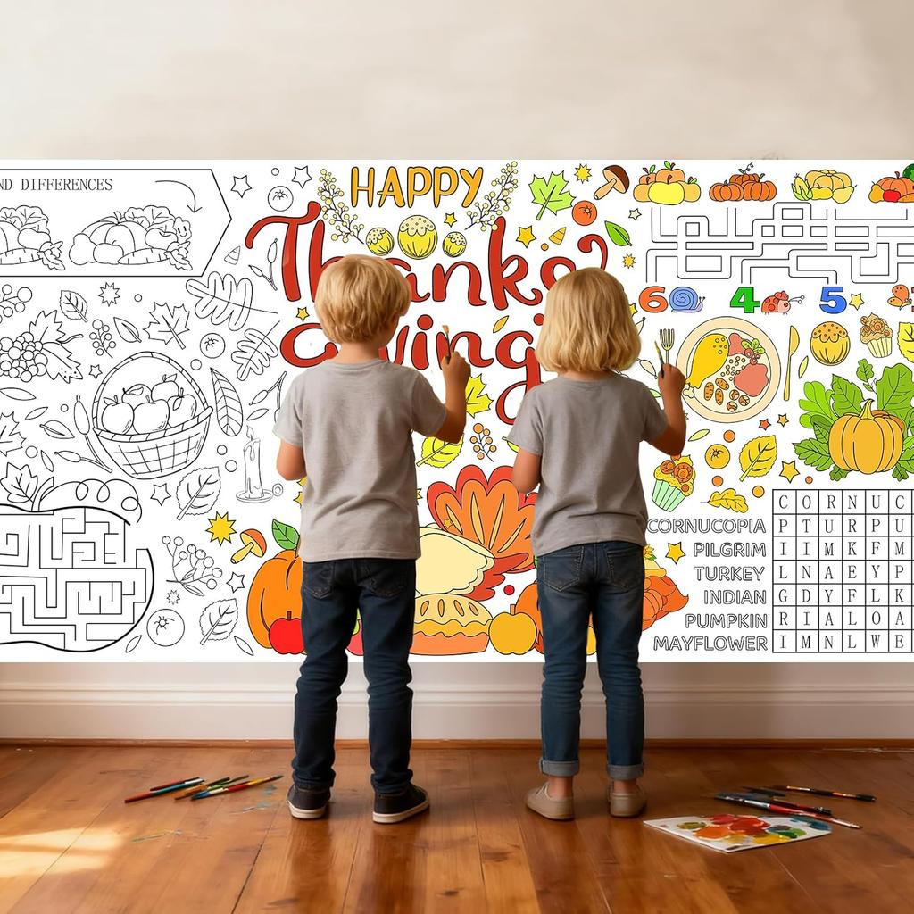 Thanksgiving Giant Coloring Poster, Paper Fall Turkey Themed Tablecloth for Party, Family Activities Games Crafts Gifts Decorations, 30 x 72 Inches