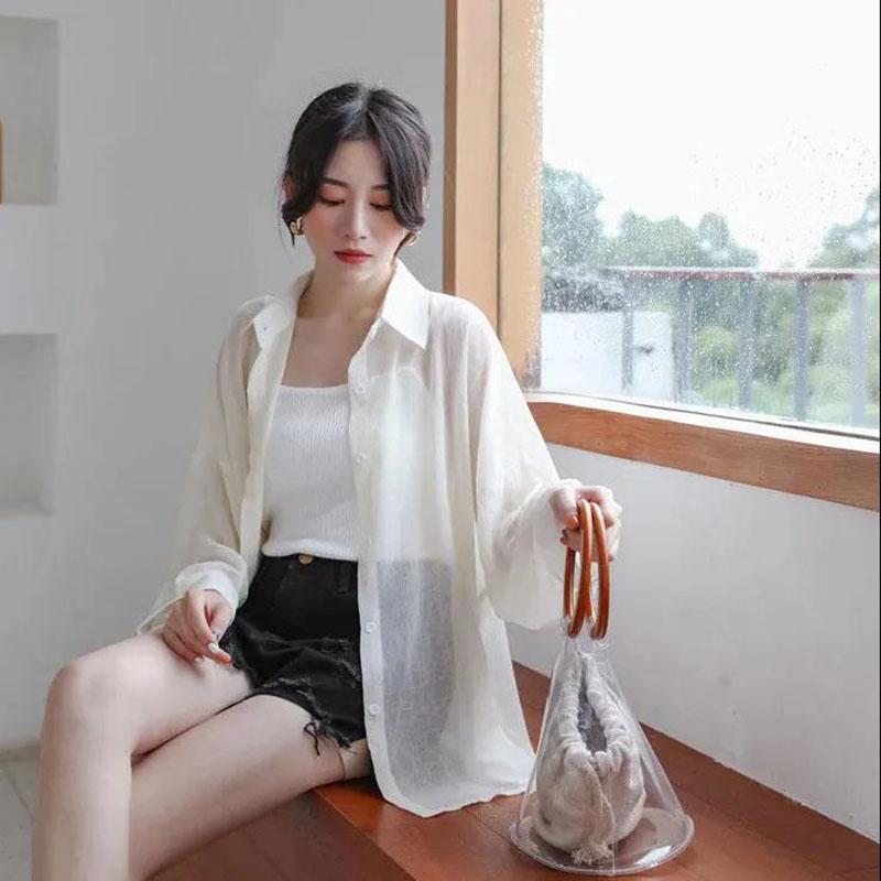Sunscreen Chiffon Shirt Female Summer Coat Korean Version  Thin Section  Blouse Loose Air-conditioned Shirt Tide Womens Tops White Polo Collar Shirt