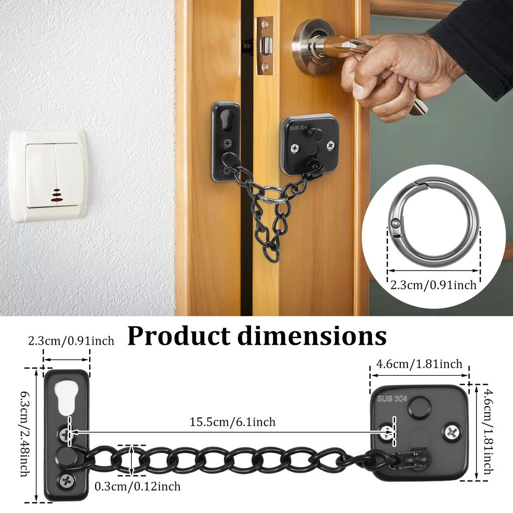 2 Pcs Door Chain Lock Stainless Steel Security Chain Guard With Adjustable Ring Anti Theft Press Lock Heavy Duty Home Door Latch