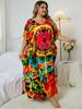 EDOLYNSA 2024 Bohemian Bunte V-ausschnitt Lose Kaftan Kleid Für Frauen Sommer Casual Plus Größe Batwing Ärmel Urlaub Langes Kleid Q1464