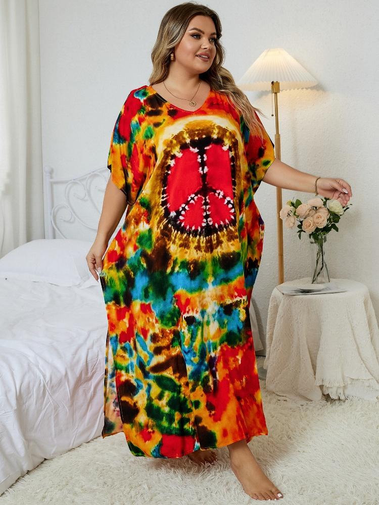 EDOLYNSA 2024 Bohémské barevné šaty kaftan s výstřihem do V pro ženy Léto Ležérní Velké netopýří dlouhé šaty s rukávem na dovolenou Q1464