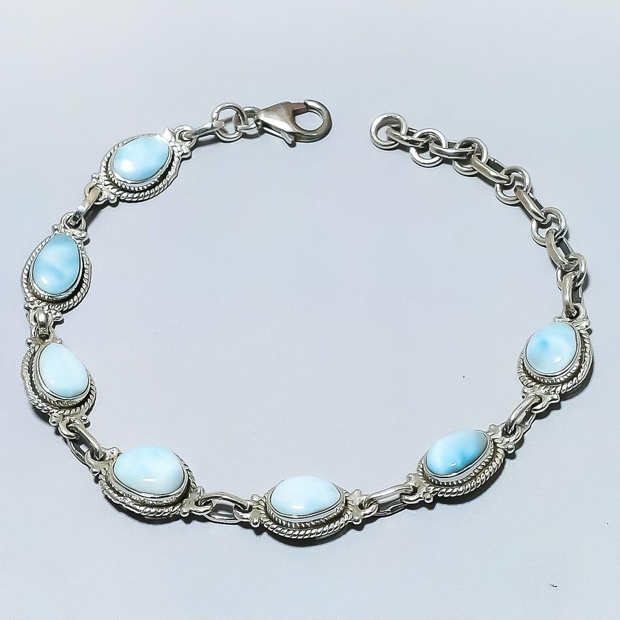 Natural Republic Larimar Gemstone Handmade 925 Solid Silver Bracelet 7-8" O4T34