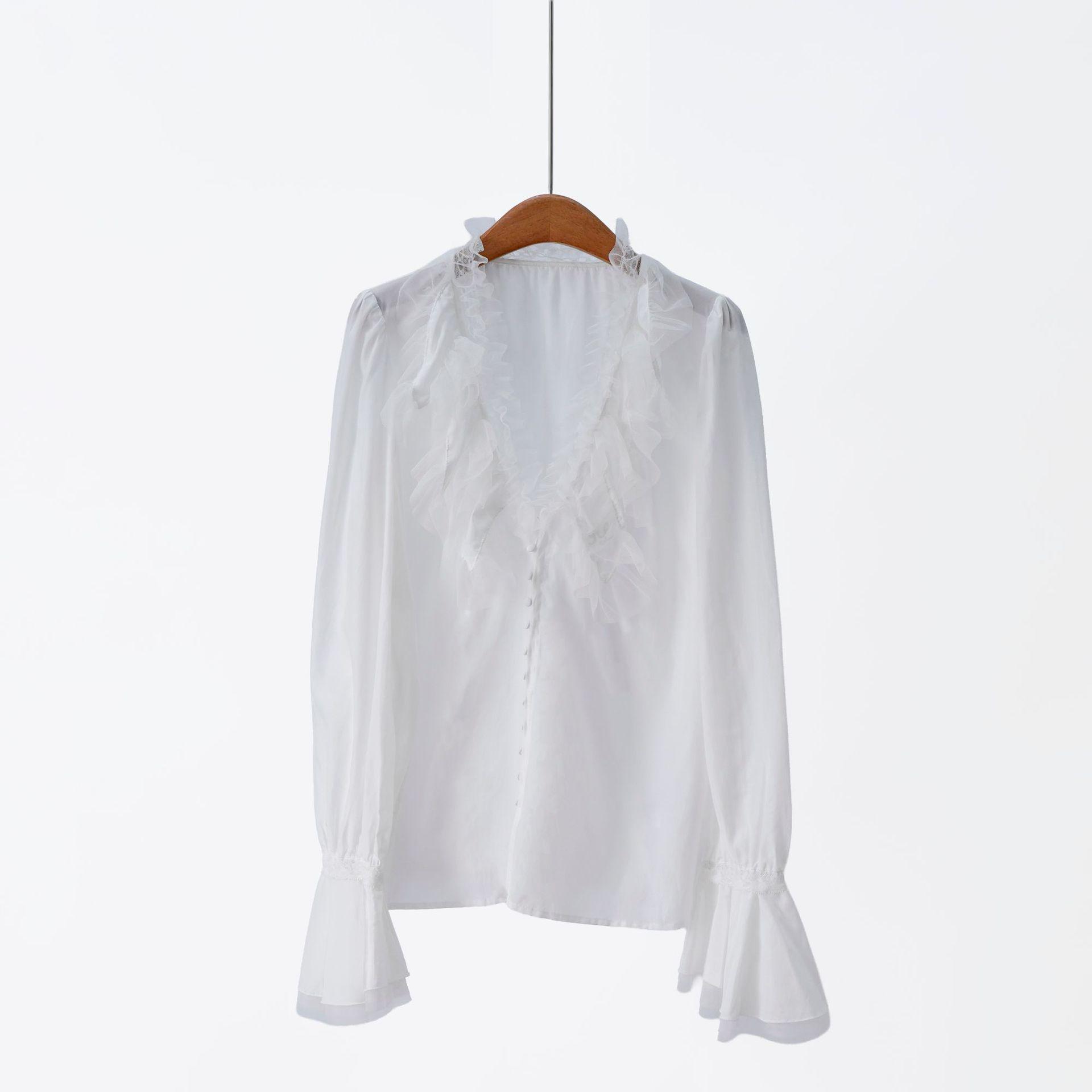 Premium Purple Label: 2026 Spring Silk-Cotton Blend French Style Ruffle V-Neck Bell Sleeve Shirt M белый