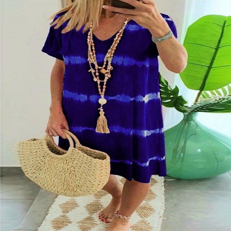 Short Sleeve Beach Tie Dye Printed Pullover Dress Women Summer V Neck Dress Loose Casual Pullover Midi Dress