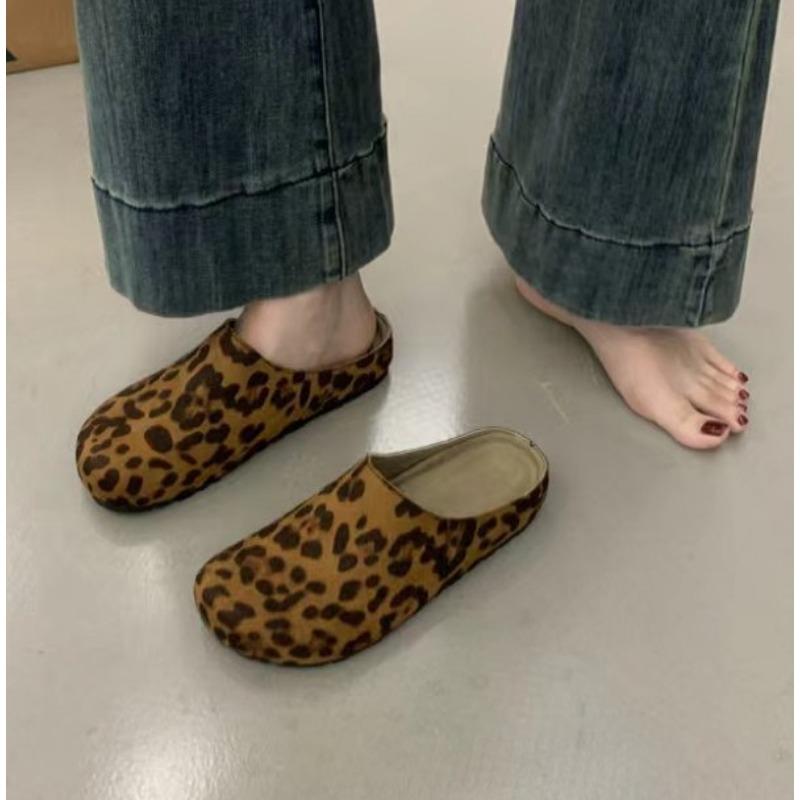 New Classic Women's Leopard Closed Toe Cork Flats Slippers Ladies Leopard Cork Slippers Camo Mule Clogs Shoes  Zapatos De Mujer