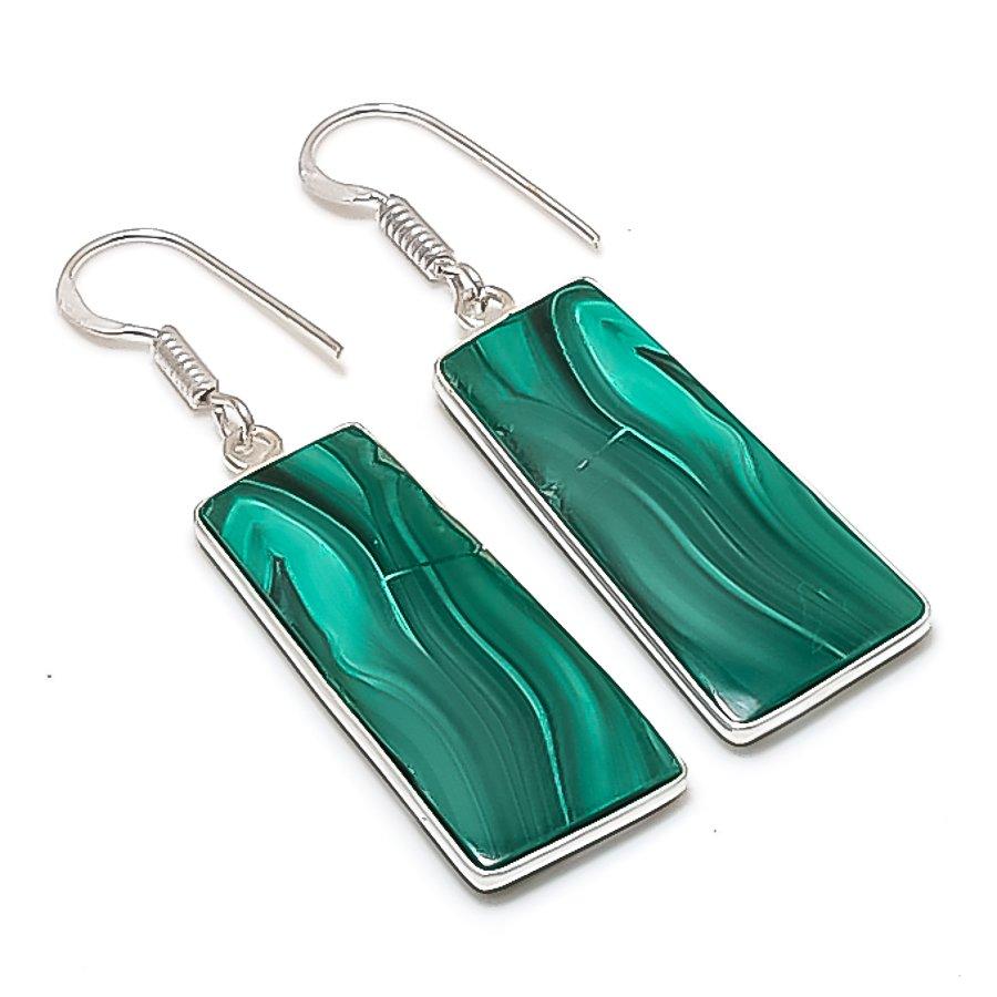 Natural Malachite Gemstone Handmade 925 Sterling Silver Earring 1.97" AE-11413