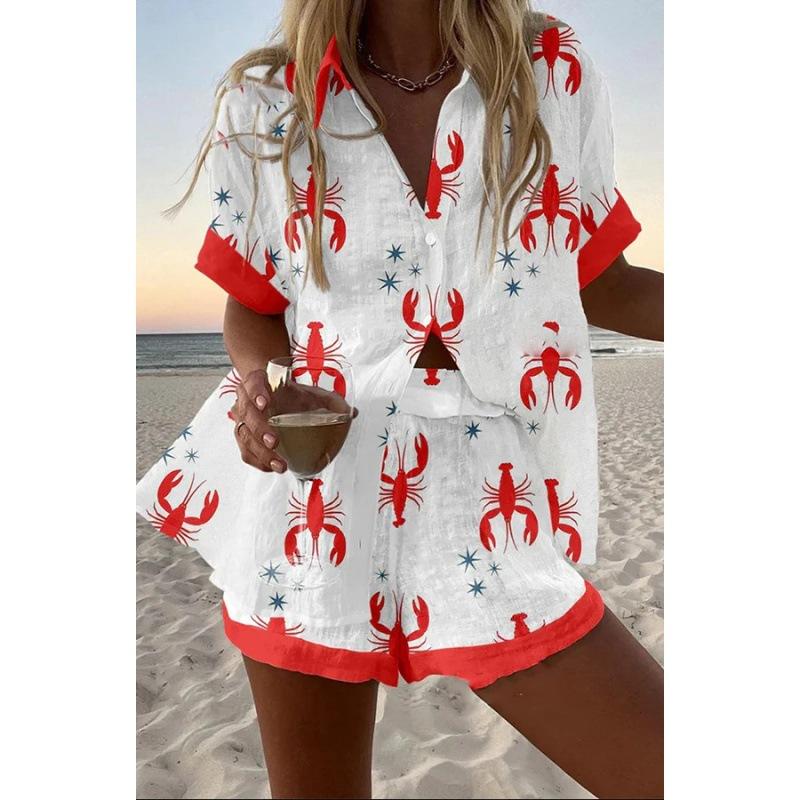 Sommar Ny Dam Tryckt Kortärmad Skjorta Set Hög Midja Löst Tryckt Shorts Tvådelat Casual Mångsidigt Set