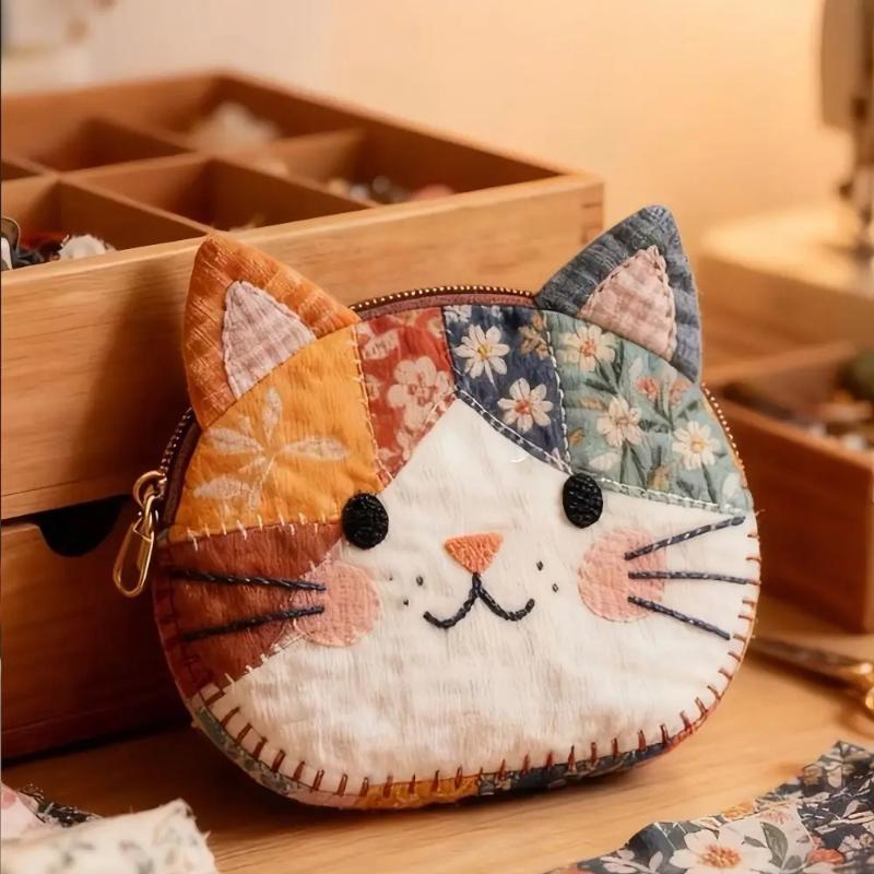 Cat Design Cloth Pencil Case Patchwork Multifunctional Storage Bag for School College Stationery Travel