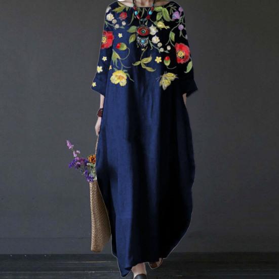 Women Long Dress Round Neck 45720 Sleeves Loose Floral Print Fashion Outfits