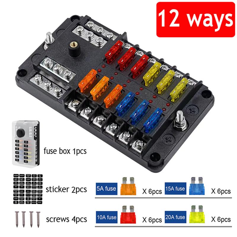 12Ways 6 Ways Car Boat Fuse Box Holder Blade Fuse Holder Block & Warning Indicator 32V 100A Power Distribution Panel Board