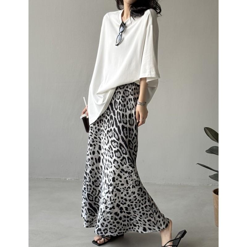 Johnature Summer Light Leopard Print Slit Skirts Women Summer Casual Loose Skirts