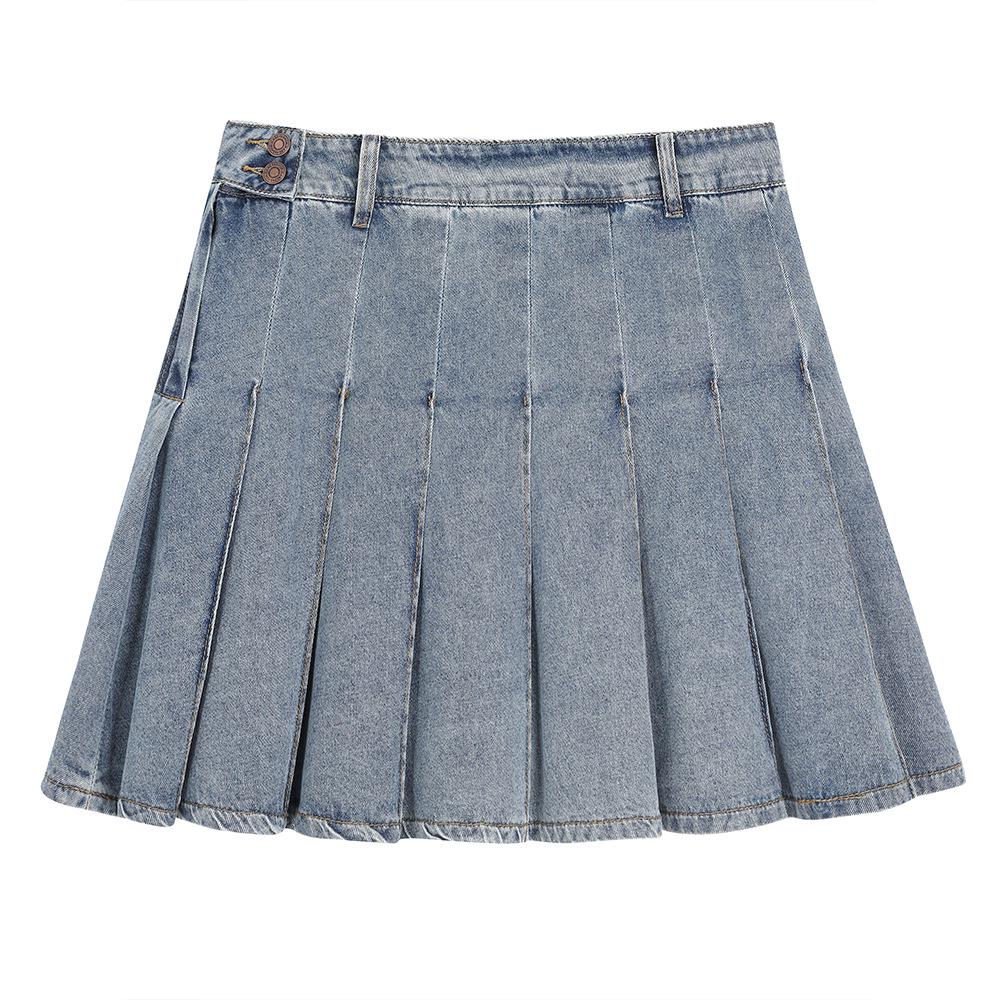 

Women s Plus Size High-Waisted A-Line Pleated Skirt - Retro Spring Slimming Style 66005 5XL (200-220 jin) джинсовый синий