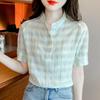 Summer French Design Plaid Short-sleeved Shirt for Women Contrasting Stripes Slimming Pullover Temperament Top