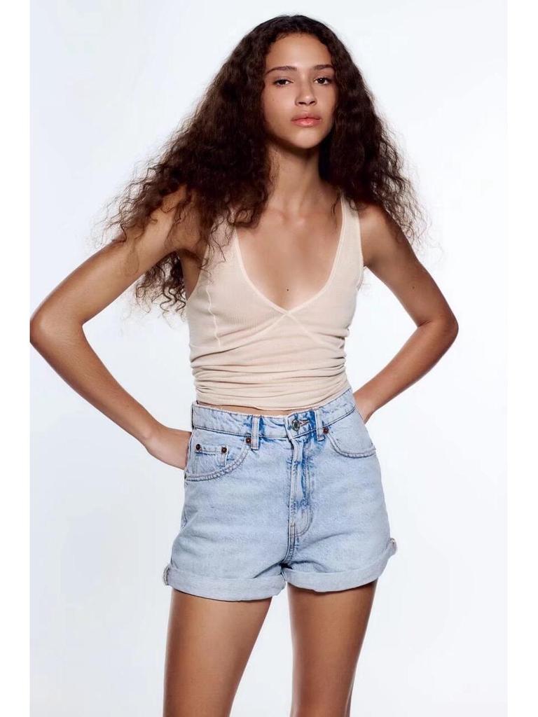 High-Waisted French Style Rolled Hem Denim Shorts