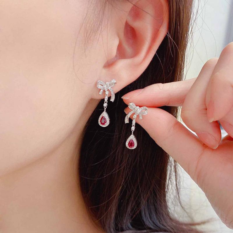 Elegant Red Gemstone Bow Tassel Earrings for Women – Versatile, Fashionable Drops, Perfect Festival Gift