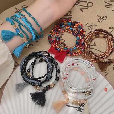 Bohémský vícevrstvý náramek z křišťálových rýžových korálků – univerzální sváteční a trendy módní šperky pro ženy