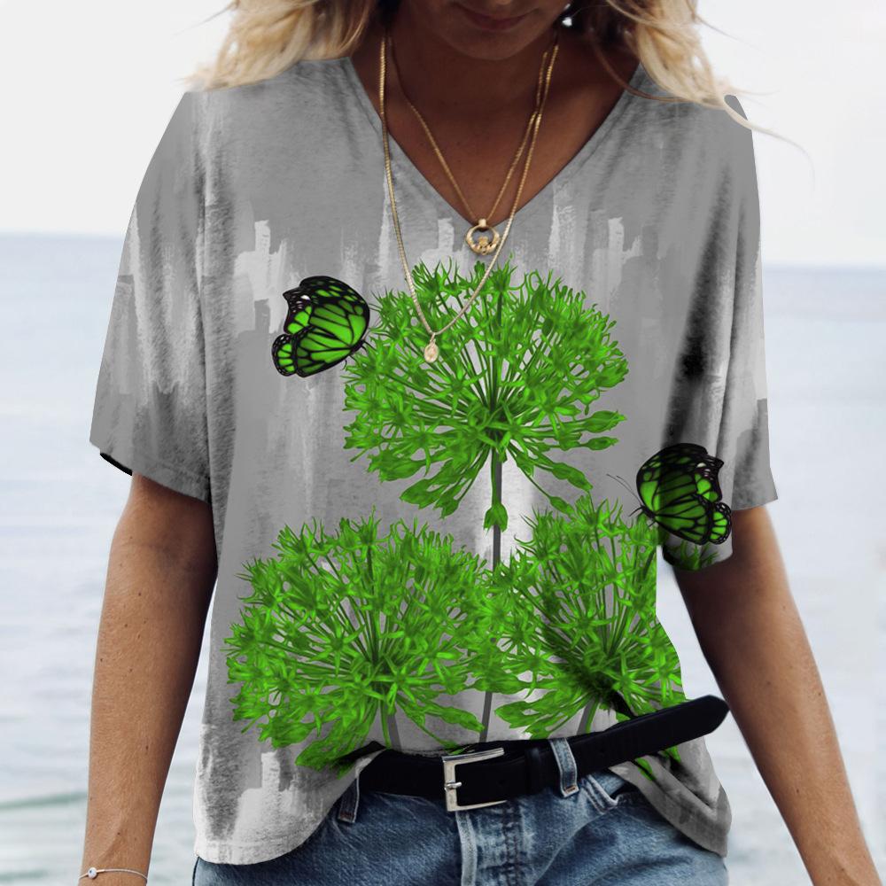 Summer V-neck 3D Flower Butterfly Printed Top Fashionable Casual Short Sleeved Women's T-shirts