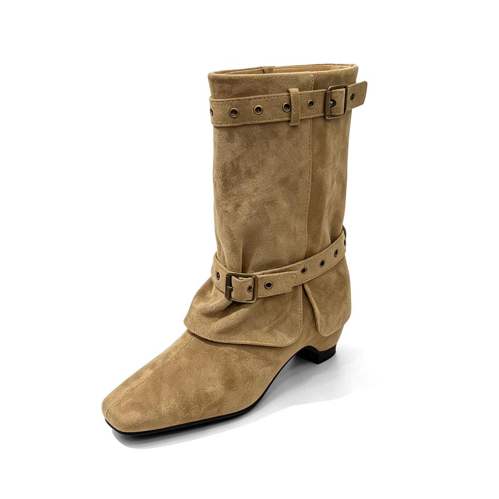Height-increasing suede pointed thick heel knight boots women's autumn new French rivet belt buckle trouser boots